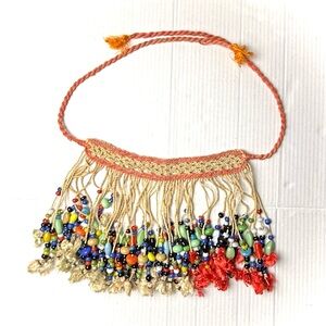 Vintage Africiana Hand Made Folk Art Bib Necklace Fringe Glass Beads Bohemian